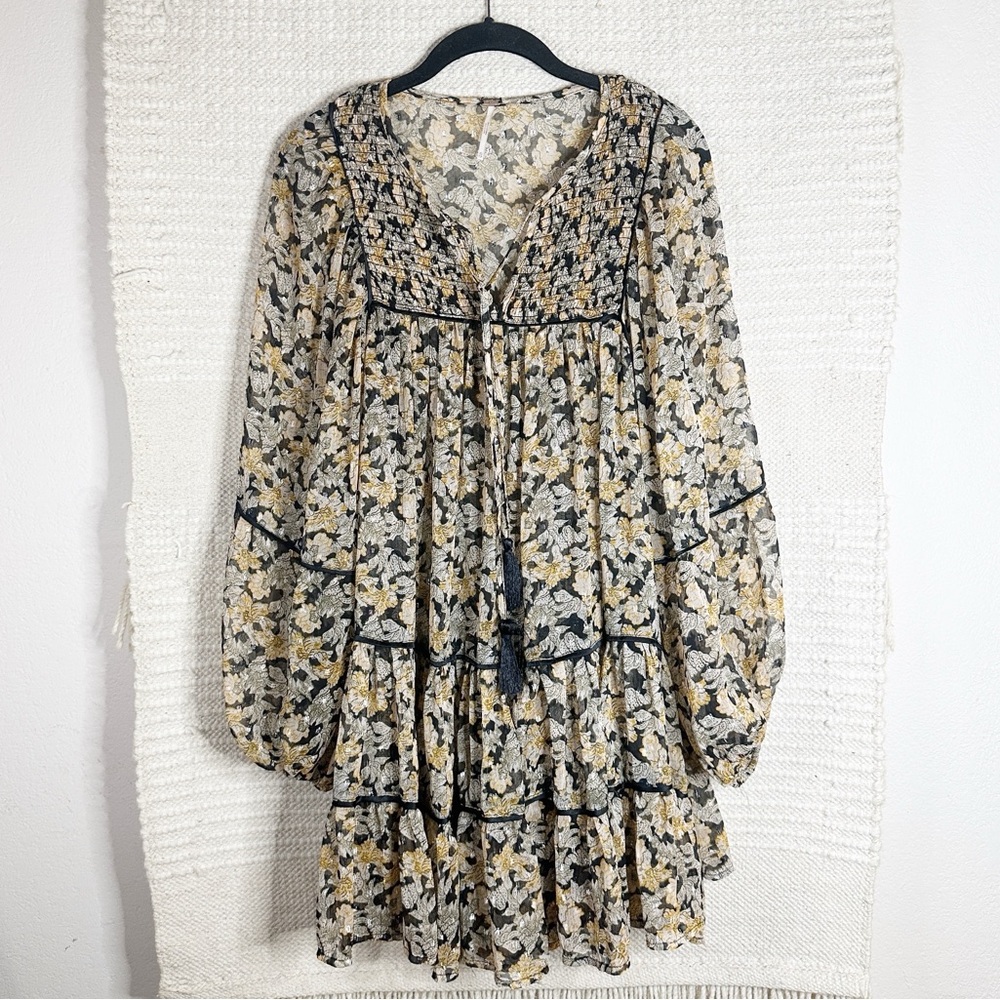 FREE PEOPLE yellow and black floral tiered Free Swinging mini dress XS